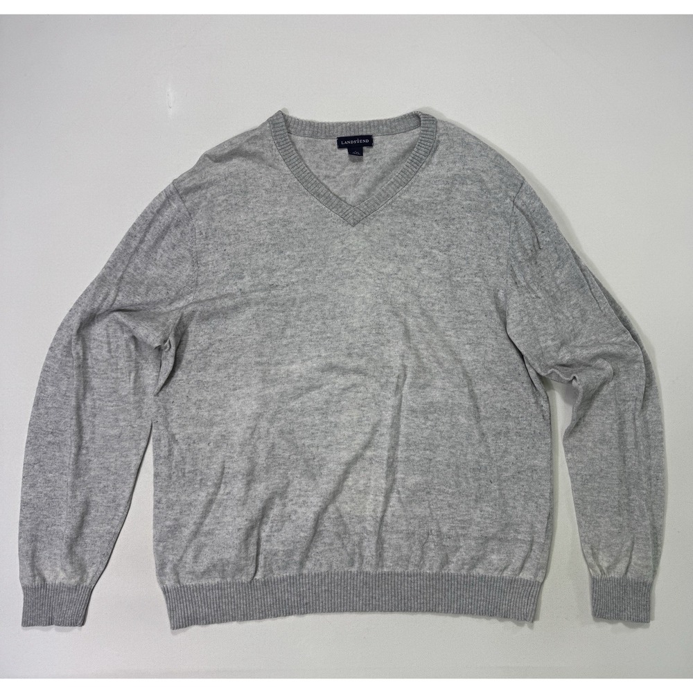 Lands End Men's Cotton Cashmere Sweater V-Neck Long Sleeve Men's Large Grey
